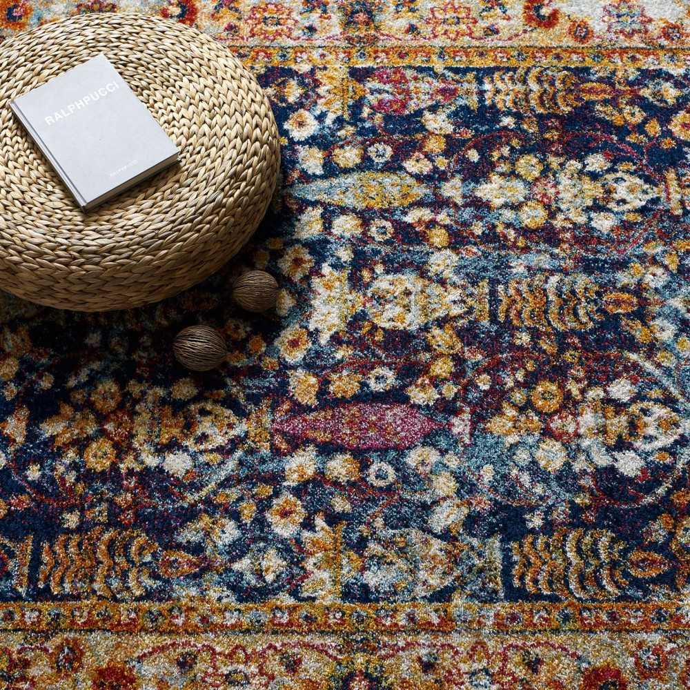 Entourage Jessa Distressed Vintage Floral Lattice 5x8 Area Rug, Blue, Orange, Yellow, Red