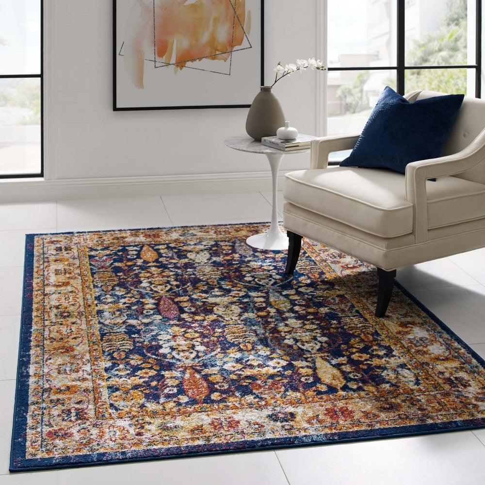 Entourage Jessa Distressed Vintage Floral Lattice 5x8 Area Rug, Blue, Orange, Yellow, Red