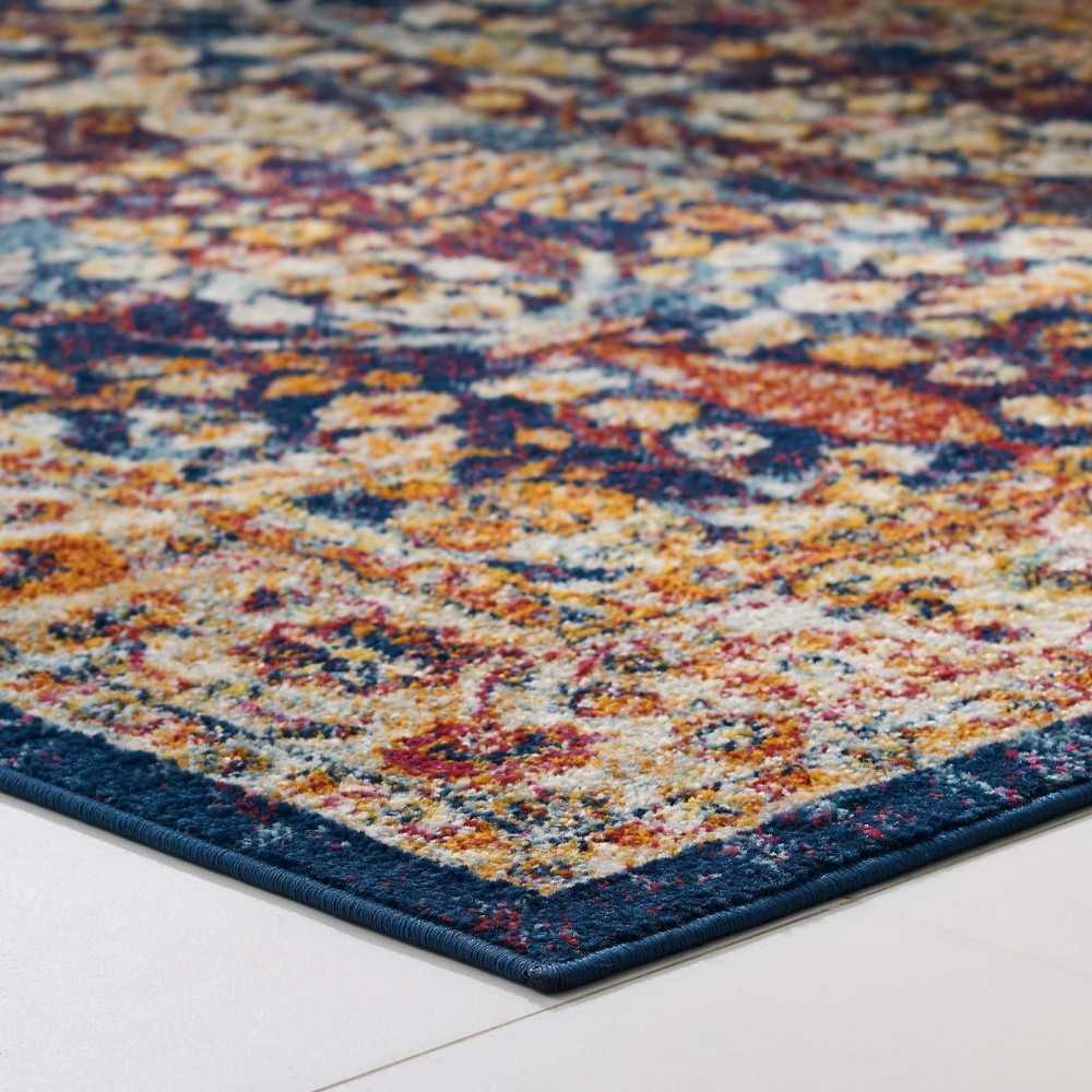 Entourage Jessa Distressed Vintage Floral Lattice 5x8 Area Rug, Blue, Orange, Yellow, Red