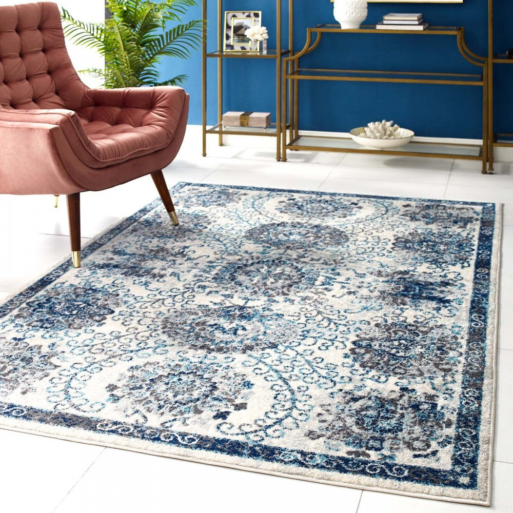 Entourage Kensie Distressed Floral Moroccan Trellis 5x8 Area Rug, Ivory and Blue