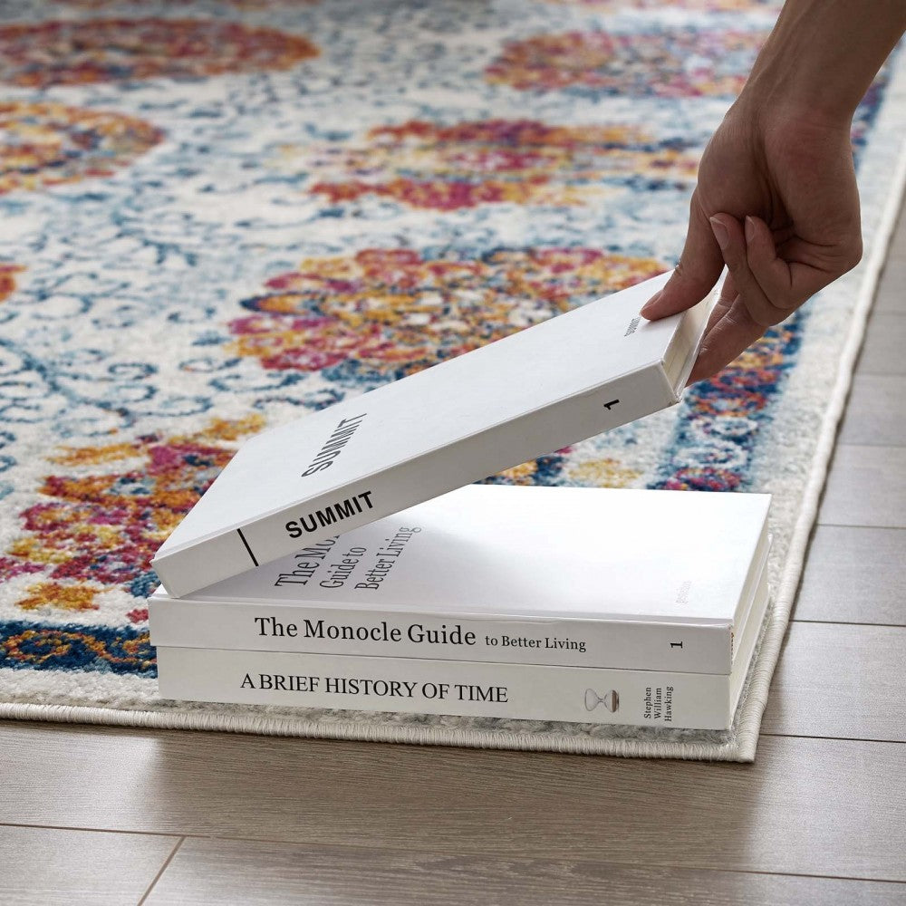 Entourage Kensie Distressed Floral Moroccan Trellis 5x8 Area Rug, Ivory, Blue, Red,Orange,Yellow