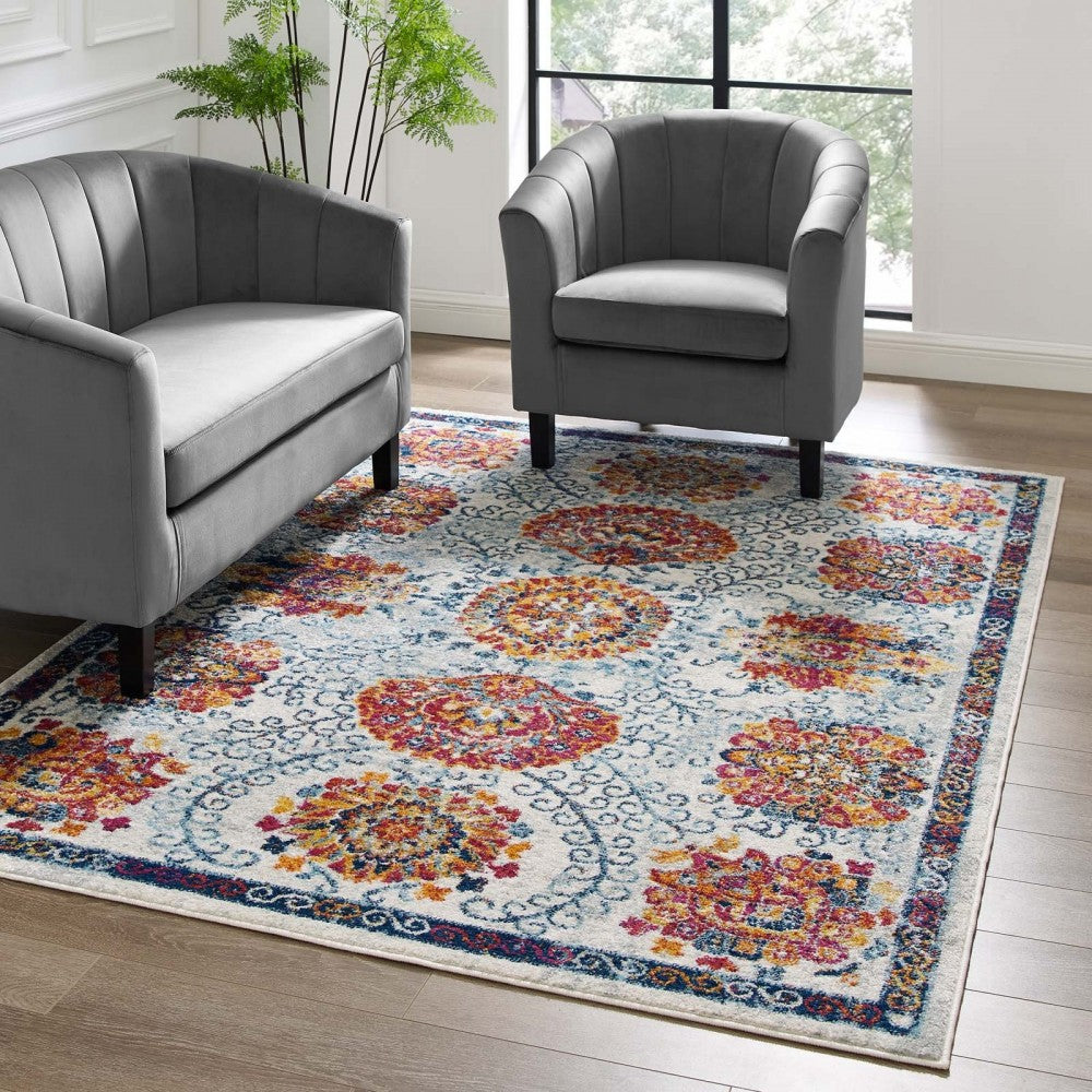 Entourage Kensie Distressed Floral Moroccan Trellis 5x8 Area Rug, Ivory, Blue, Red,Orange,Yellow