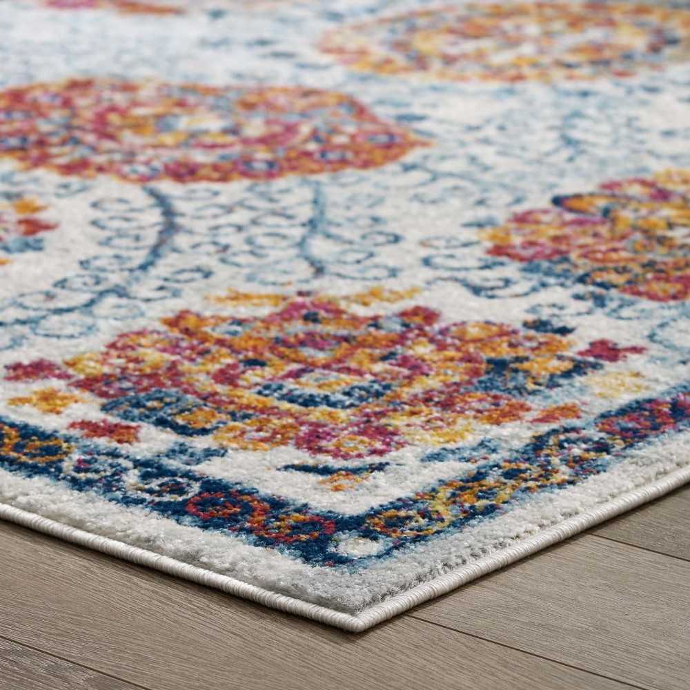 Entourage Kensie Distressed Floral Moroccan Trellis 5x8 Area Rug, Ivory, Blue, Red,Orange,Yellow