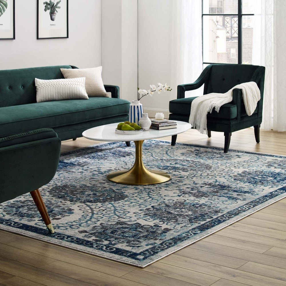 Entourage Kensie Distressed Floral Moroccan Trellis 8x10 Area Rug, Ivory and Blue