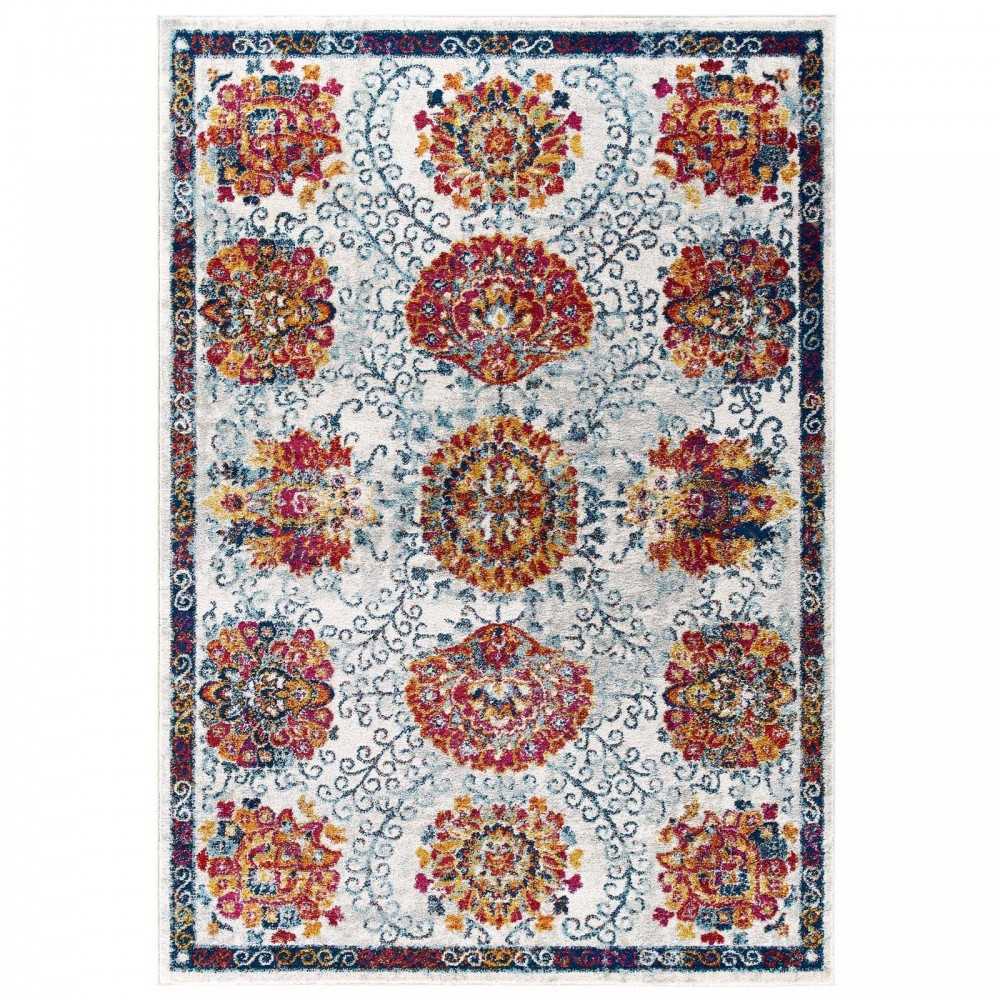 Entourage Kensie Distressed Floral Moroccan Trellis 8x10 Area Rug, Ivory, Blue, Red,Orange,Yellow