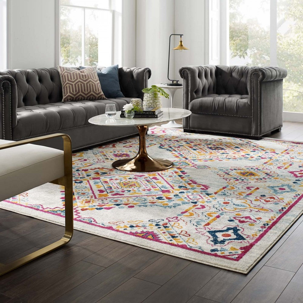 Entourage Khalida Distressed Floral Lattice 8x10 Area Rug, Ivory, Blue, Orange, Yellow, Red