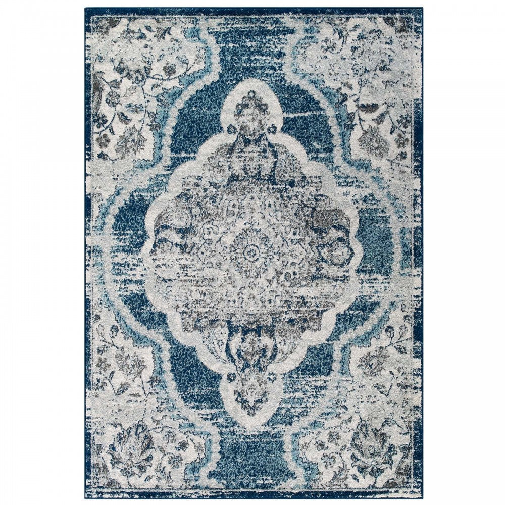 Entourage Malia Distressed Vintage Floral Persian Medallion 5x8 Area Rug, Ivory and Blue