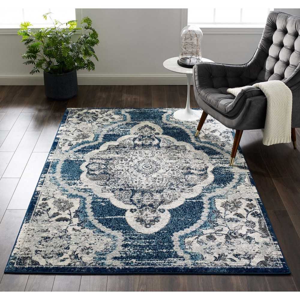 Entourage Malia Distressed Vintage Floral Persian Medallion 5x8 Area Rug, Ivory and Blue