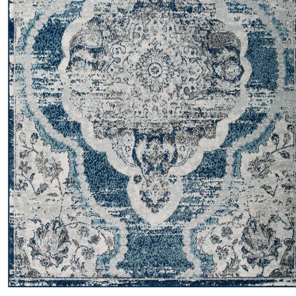 Entourage Malia Distressed Vintage Floral Persian Medallion 5x8 Area Rug, Ivory and Blue