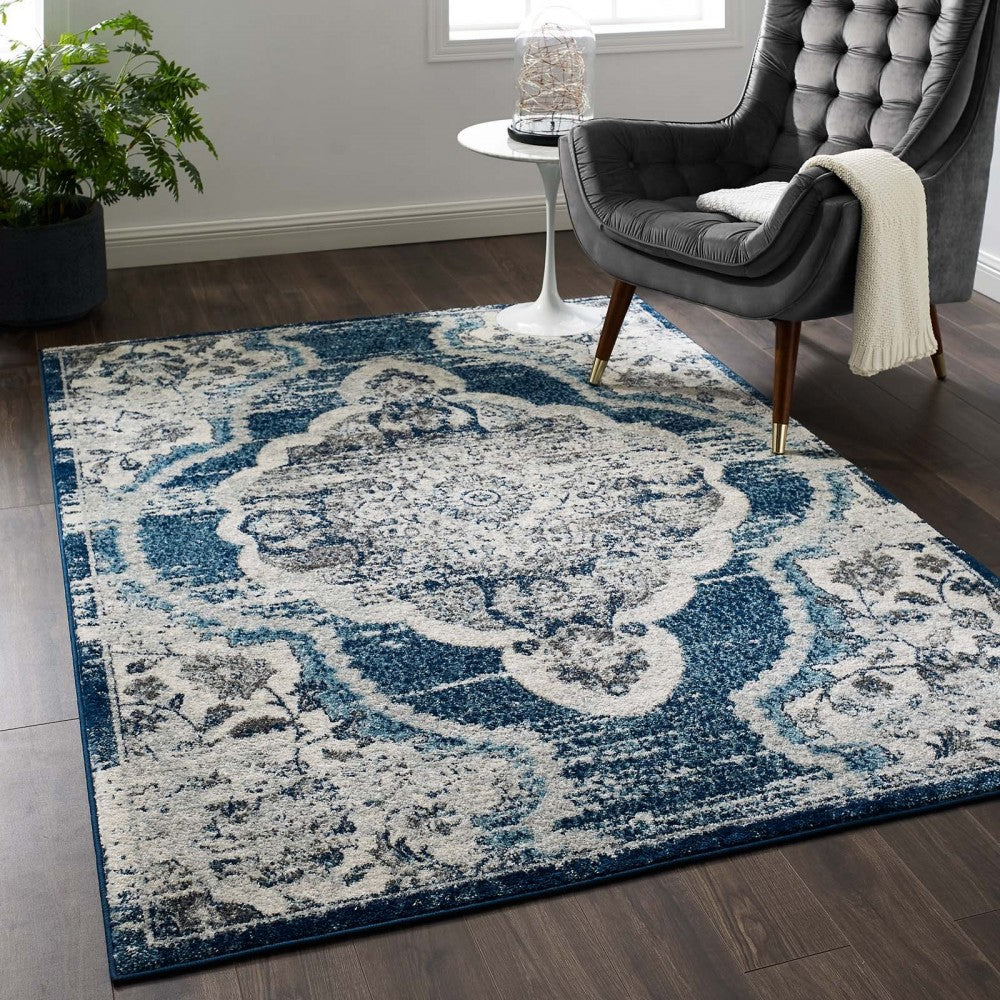 Entourage Malia Distressed Vintage Floral Persian Medallion 5x8 Area Rug, Ivory and Blue