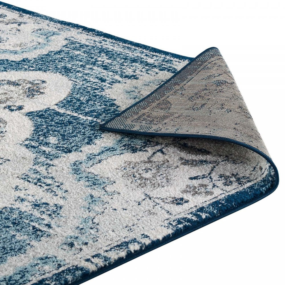 Entourage Malia Distressed Vintage Floral Persian Medallion 8x10 Area Rug, Ivory and Blue