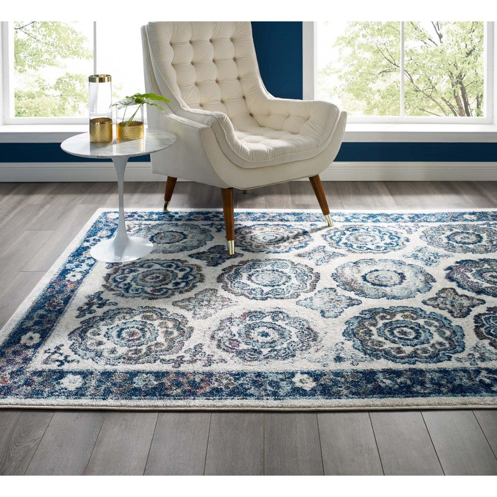 Entourage Odile Distressed Floral Moroccan Trellis 5x8 Area Rug, Ivory and Blue