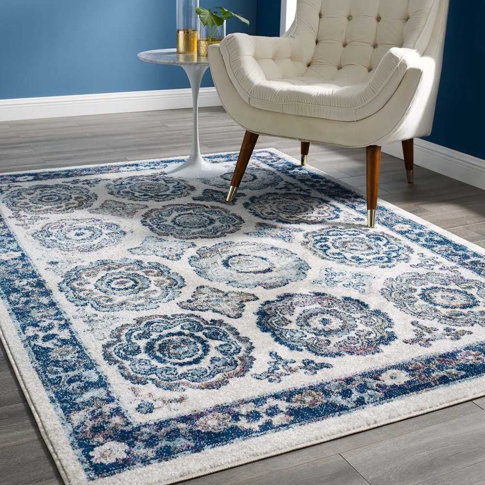 Entourage Odile Distressed Floral Moroccan Trellis 5x8 Area Rug, Ivory and Blue