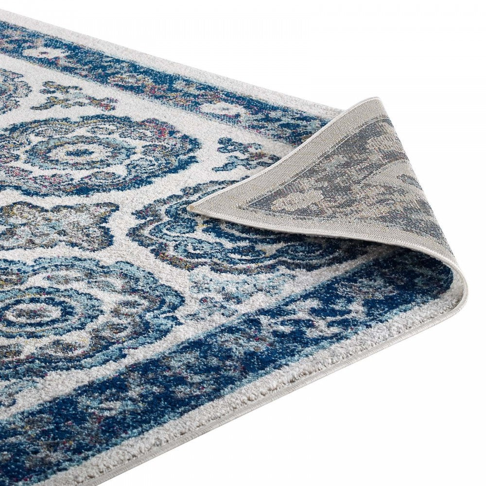 Entourage Odile Distressed Floral Moroccan Trellis 5x8 Area Rug, Ivory and Blue