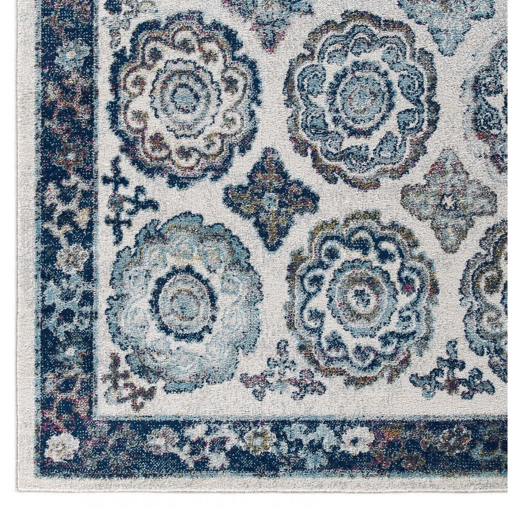 Entourage Odile Distressed Floral Moroccan Trellis 5x8 Area Rug, Ivory and Blue