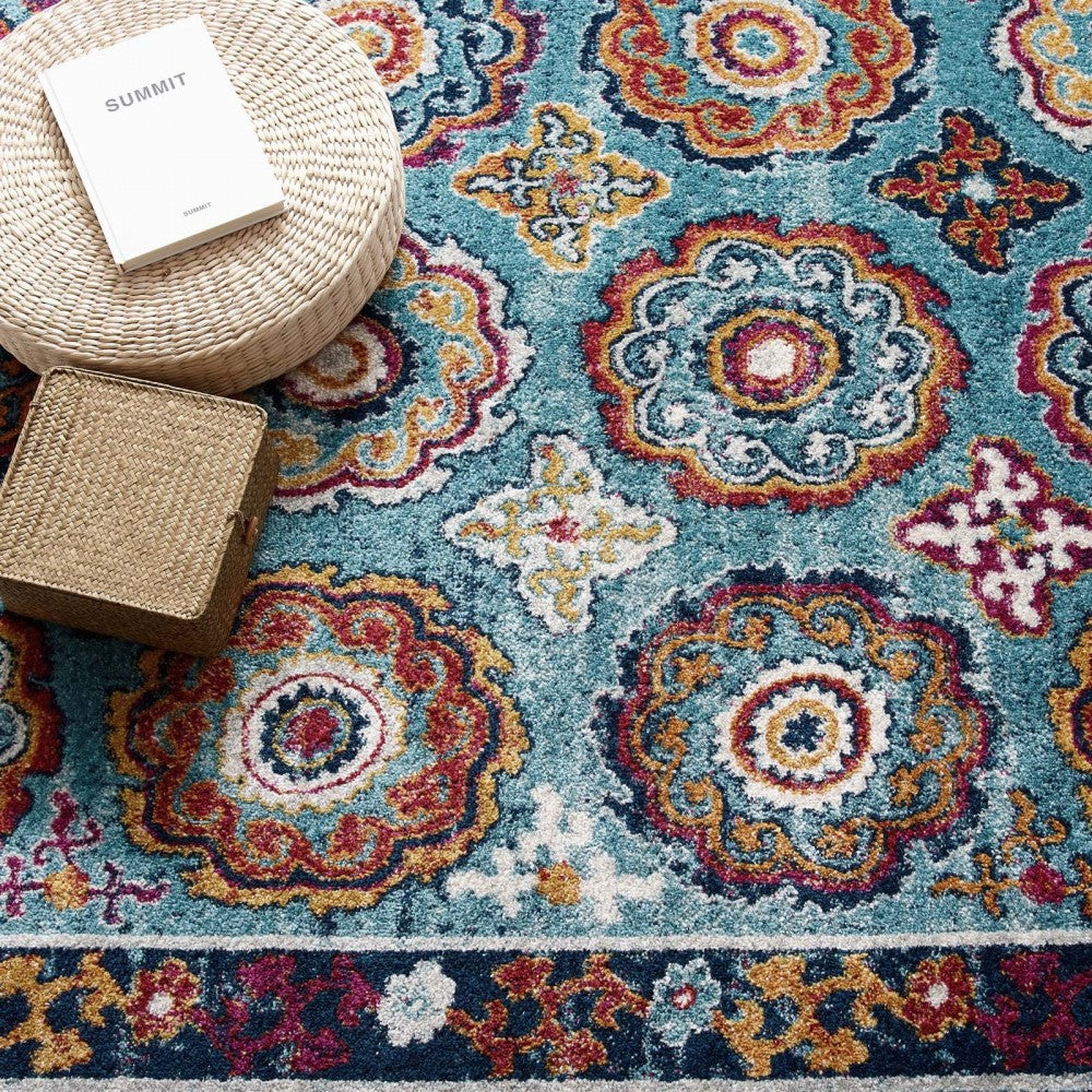 Entourage Odile Distressed Floral Moroccan Trellis 8x10 Area Rug, Blue, Red, Orange Yellow