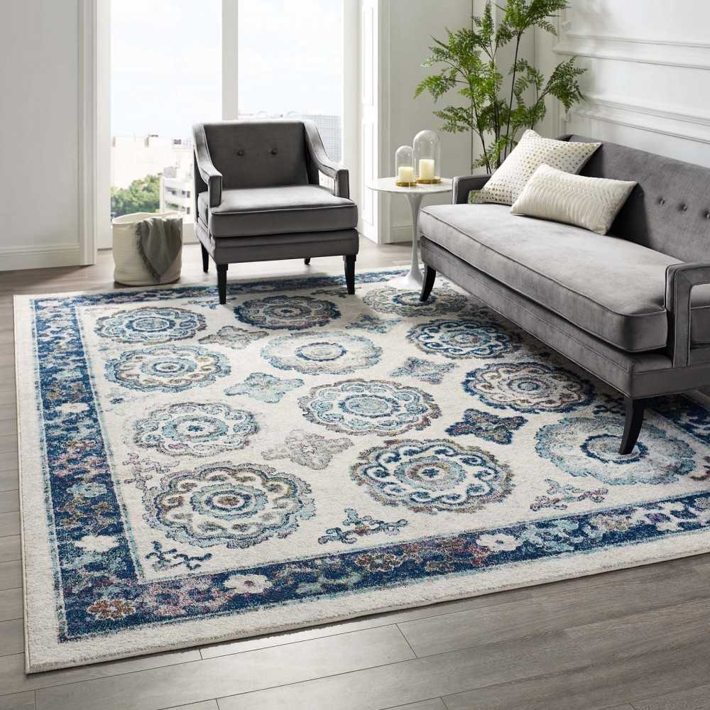 Entourage Odile Distressed Floral Moroccan Trellis 8x10 Area Rug, Ivory and Blue