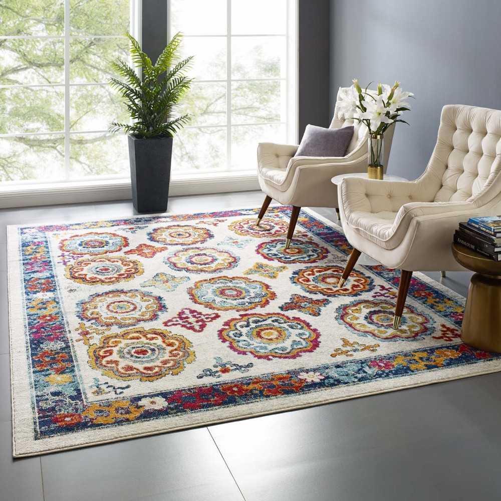 Entourage Odile Distressed Floral Moroccan Trellis 8x10 Area Rug, Ivory, Blue, Red, Orange, Yellow