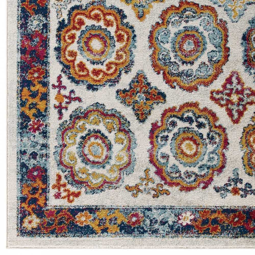 Entourage Odile Distressed Floral Moroccan Trellis 8x10 Area Rug, Ivory, Blue, Red, Orange, Yellow