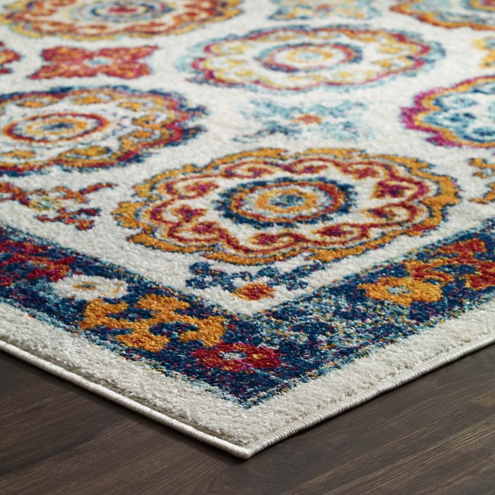 Entourage Odile Distressed Floral Moroccan Trellis 8x10 Area Rug, Ivory, Blue, Red, Orange, Yellow