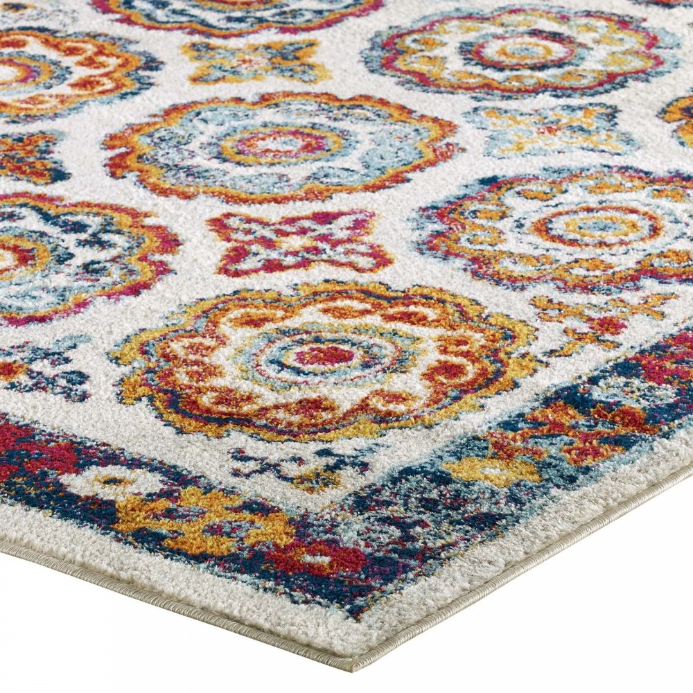 Entourage Odile Distressed Floral Moroccan Trellis 8x10 Area Rug, Ivory, Blue, Red, Orange, Yellow