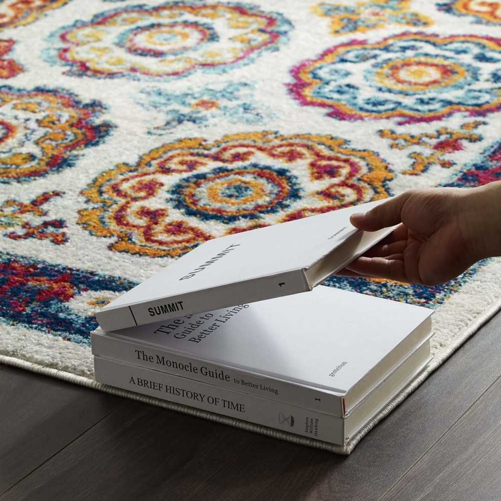 Entourage Odile Distressed Floral Moroccan Trellis 8x10 Area Rug, Ivory, Blue, Red, Orange, Yellow