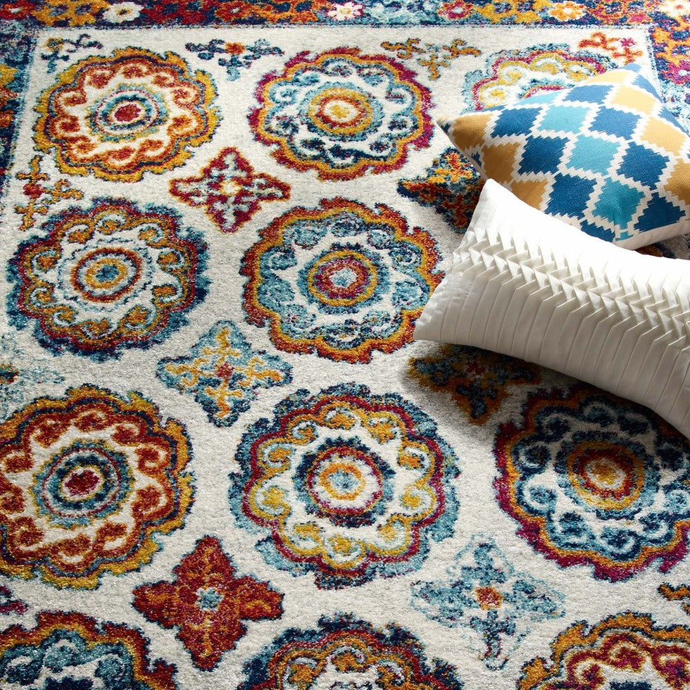 Entourage Odile Distressed Floral Moroccan Trellis 8x10 Area Rug, Ivory, Blue, Red, Orange, Yellow