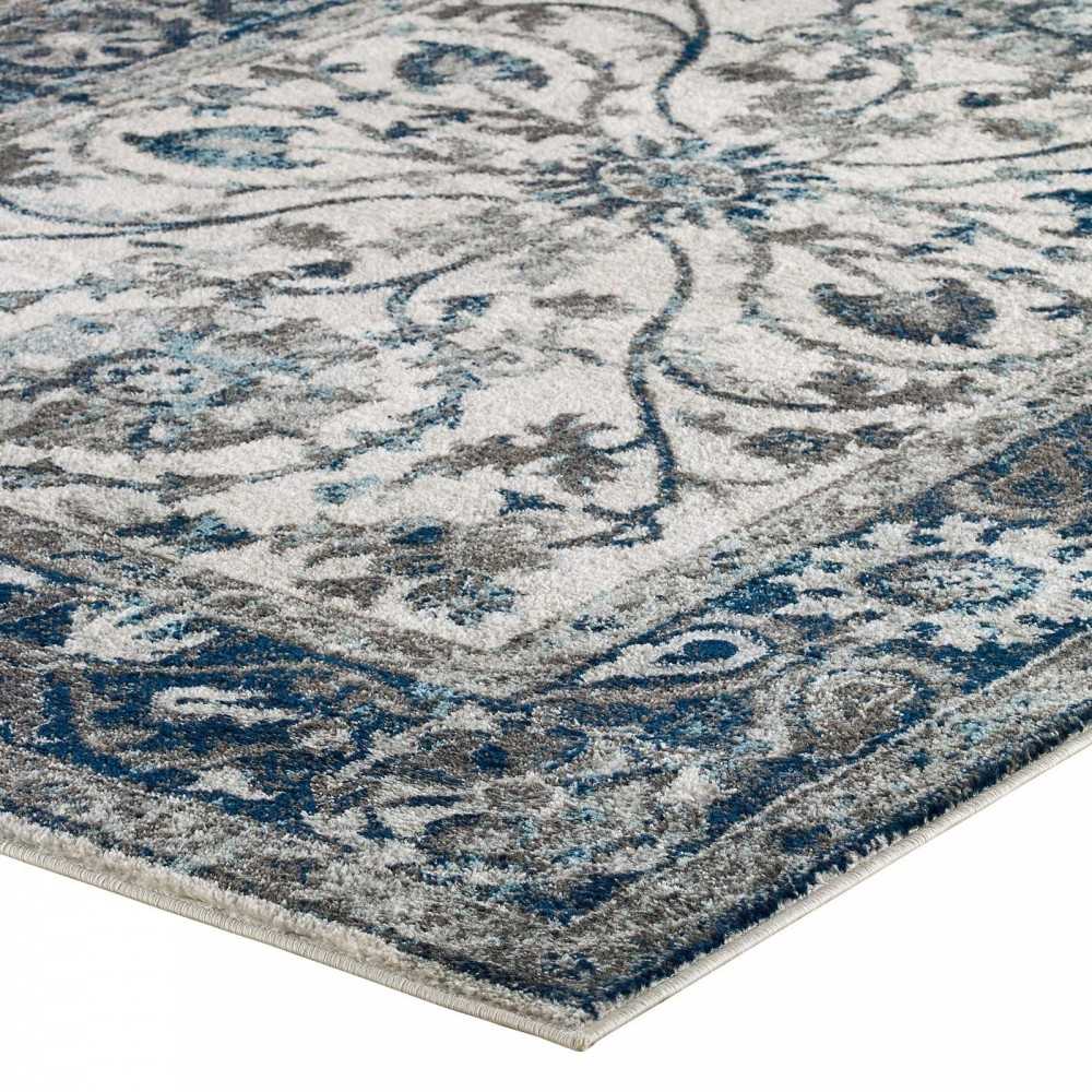 Entourage Samira Distressed Vintage Floral Persian Medallion 5x8 Area Rug, Ivory and Blue