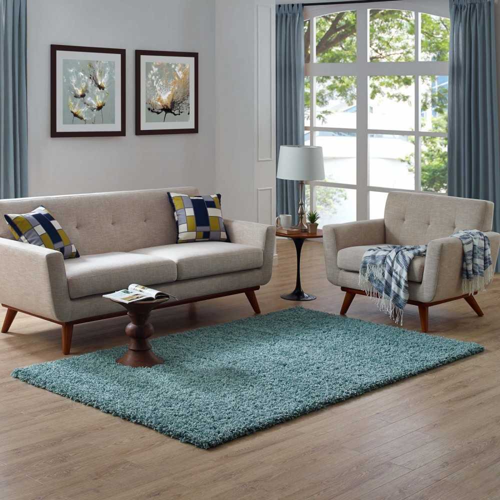 Enyssa Solid 5x8 Shag Area Rug, Aqua Blue and Ivory