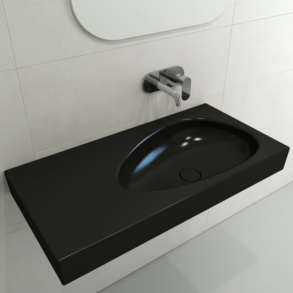 Etna Wall-Mounted Sink Fireclay 35.5 in with Matching Drain Cover in Matte Black