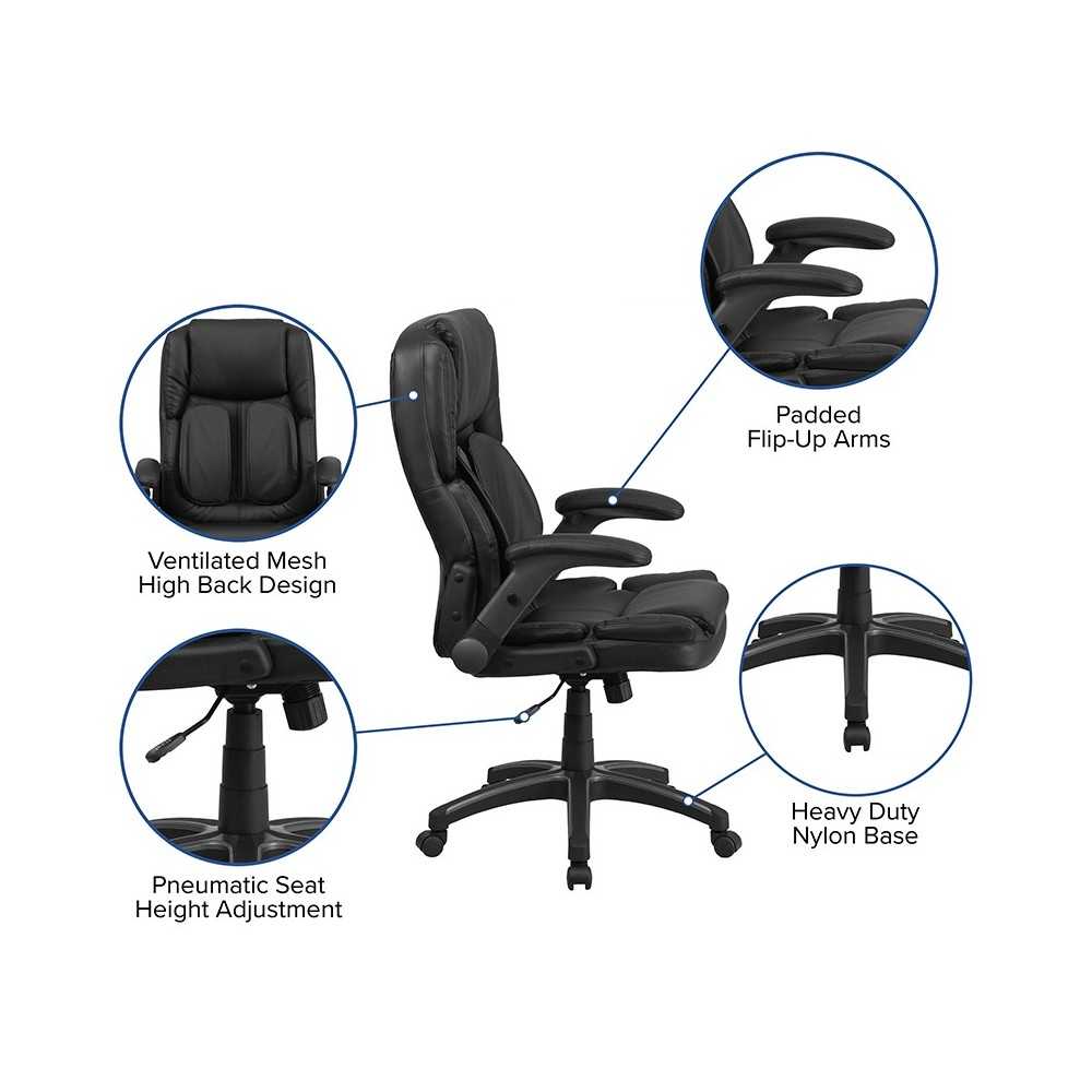 Extreme Comfort High Back Black LeatherSoft Executive Swivel Ergonomic Office Chair with Flip-Up Arms