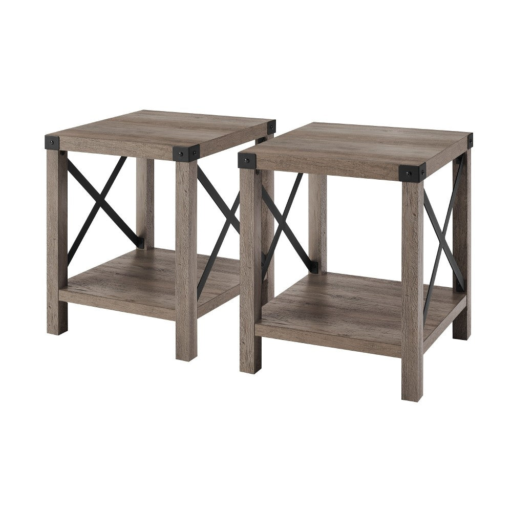 Farmhouse 2-Piece Metal-X Side Tables with Lower Shelf - Gray Wash
