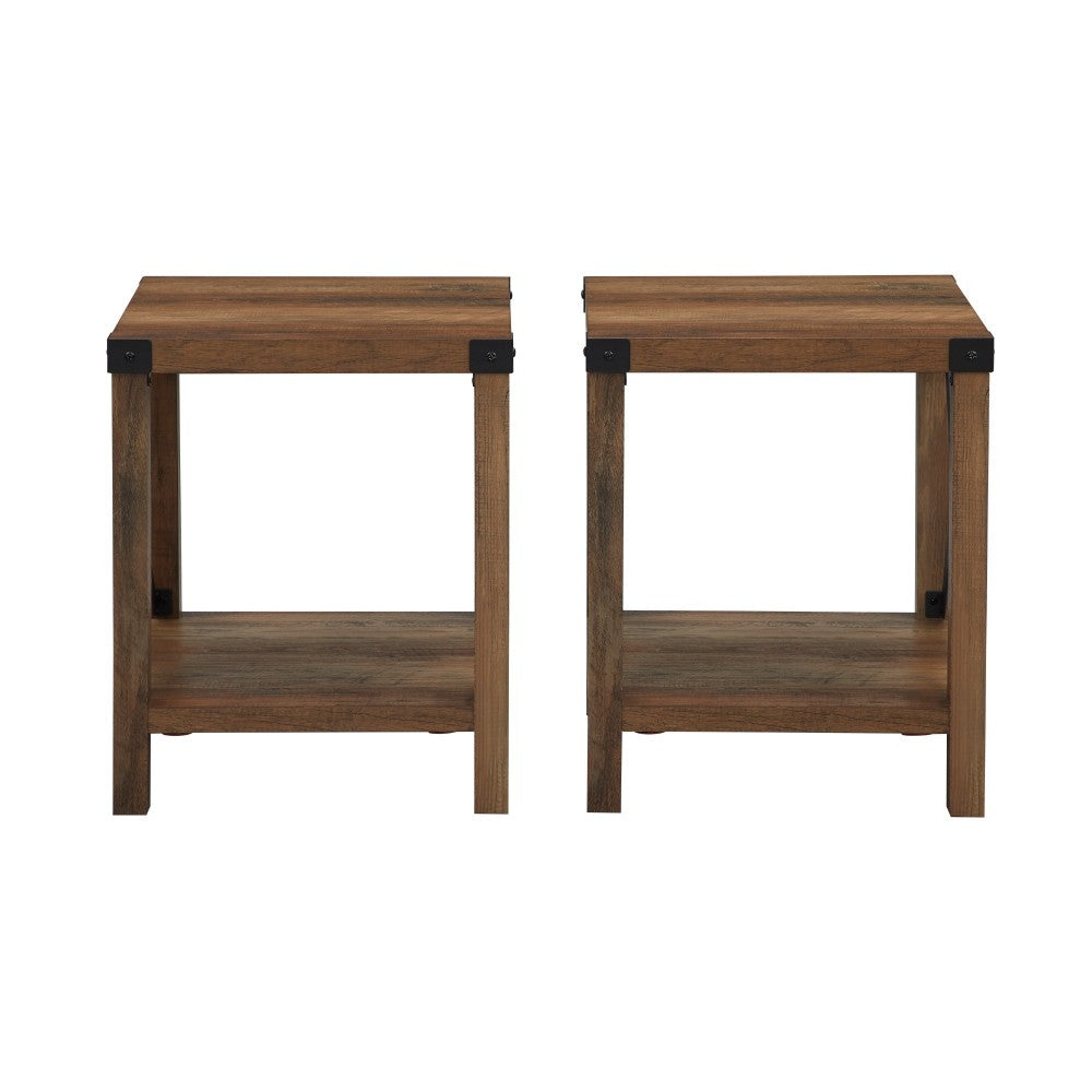 Farmhouse 2-Piece Metal-X Side Tables with Lower Shelf - Rustic Oak