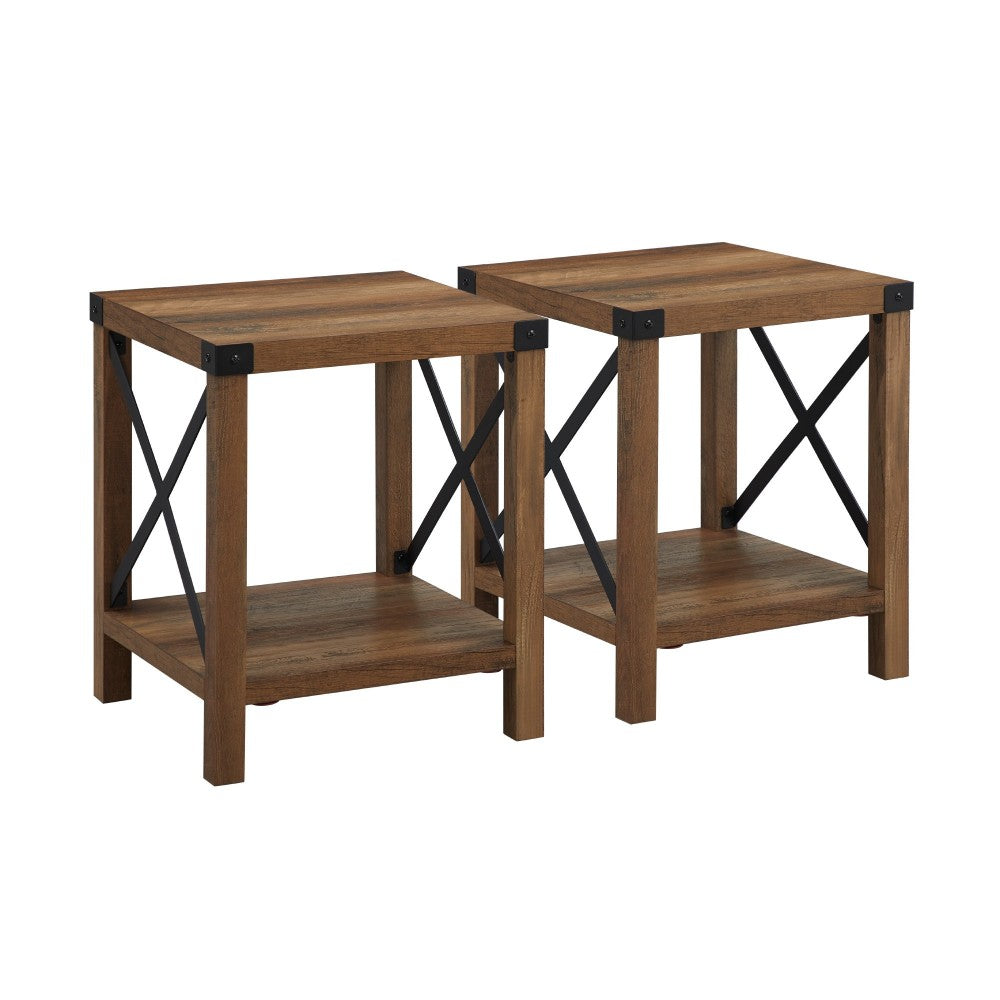 Farmhouse 2-Piece Metal-X Side Tables with Lower Shelf - Rustic Oak