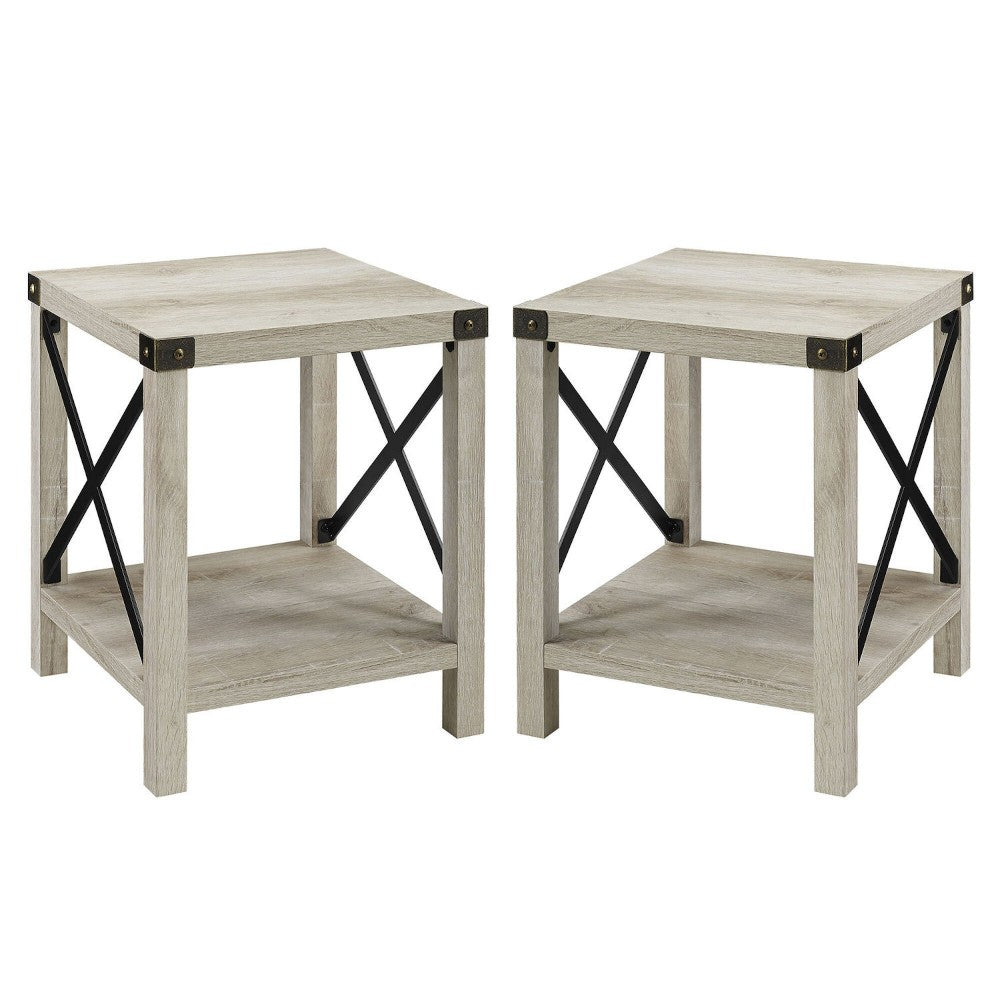 Farmhouse 2-Piece Metal-X Side Tables with Lower Shelf - White Oak