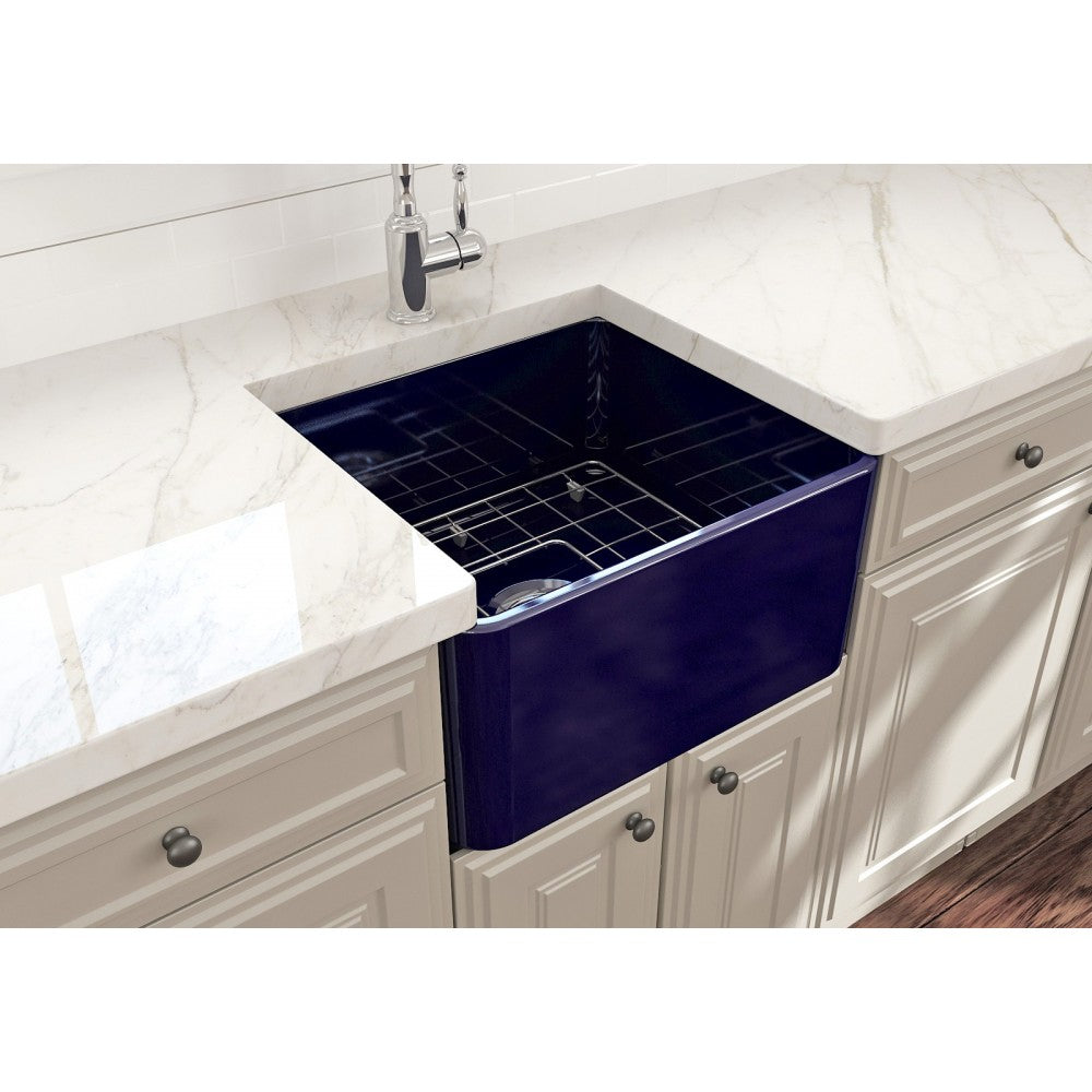 Farmhouse Apron Front Fireclay 20 in. Single Bowl Kitchen Sink with Protective Bottom Grid and Strainer in Sapphire Blue