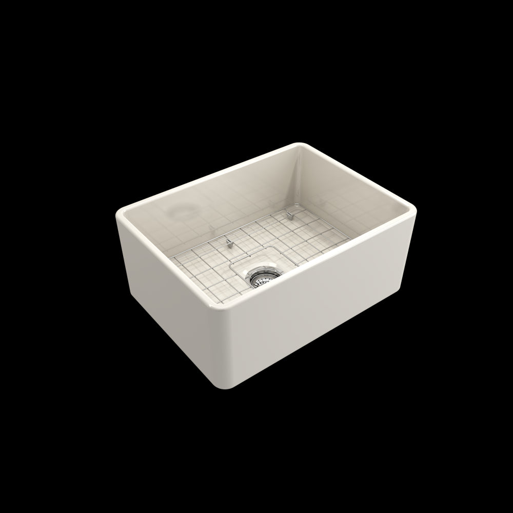 Farmhouse Apron Front Fireclay 24 in. Single Bowl Kitchen Sink with Protective Bottom Grid and Strainer in Biscuit