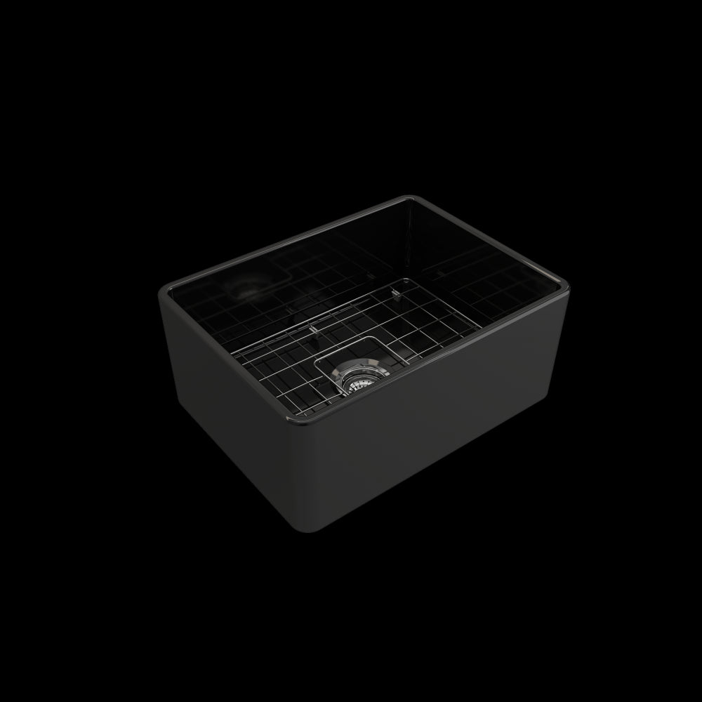 Farmhouse Apron Front Fireclay 24 in. Single Bowl Kitchen Sink with Protective Bottom Grid and Strainer in Black