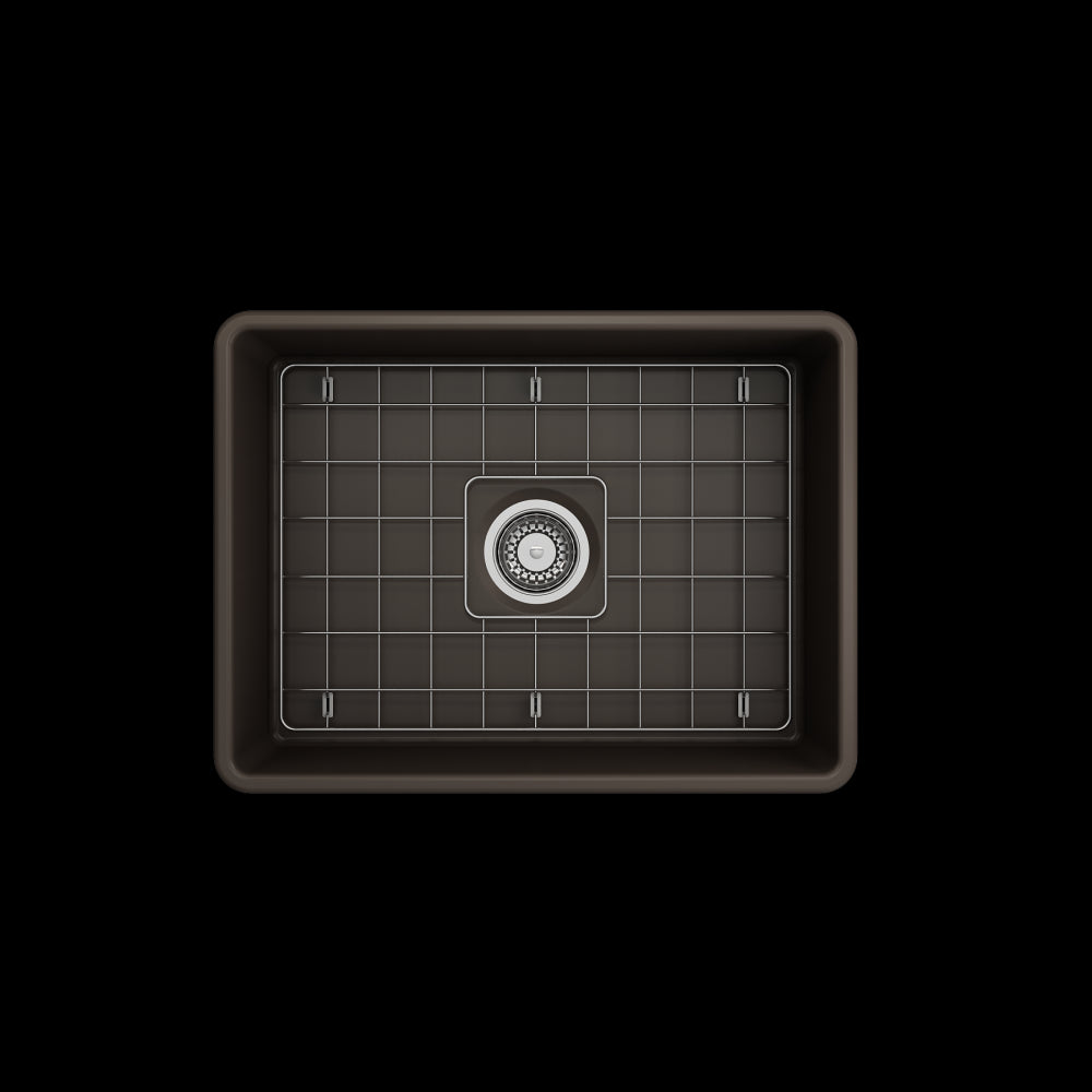 Farmhouse Apron Front Fireclay 24 in. Single Bowl Kitchen Sink with Protective Bottom Grid and Strainer in Matte Brown