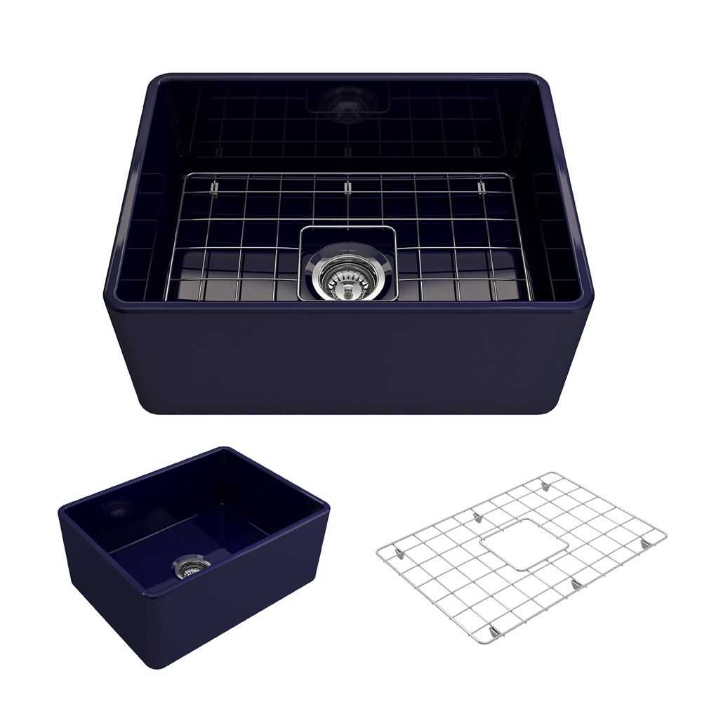 Farmhouse Apron Front Fireclay 24 in. Single Bowl Kitchen Sink with Protective Bottom Grid and Strainer in Sapphire Blue
