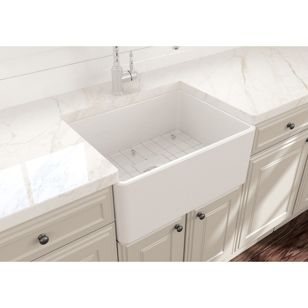 Farmhouse Apron Front Fireclay 24 in. Single Bowl Kitchen Sink with Protective Bottom Grid and Strainer in White