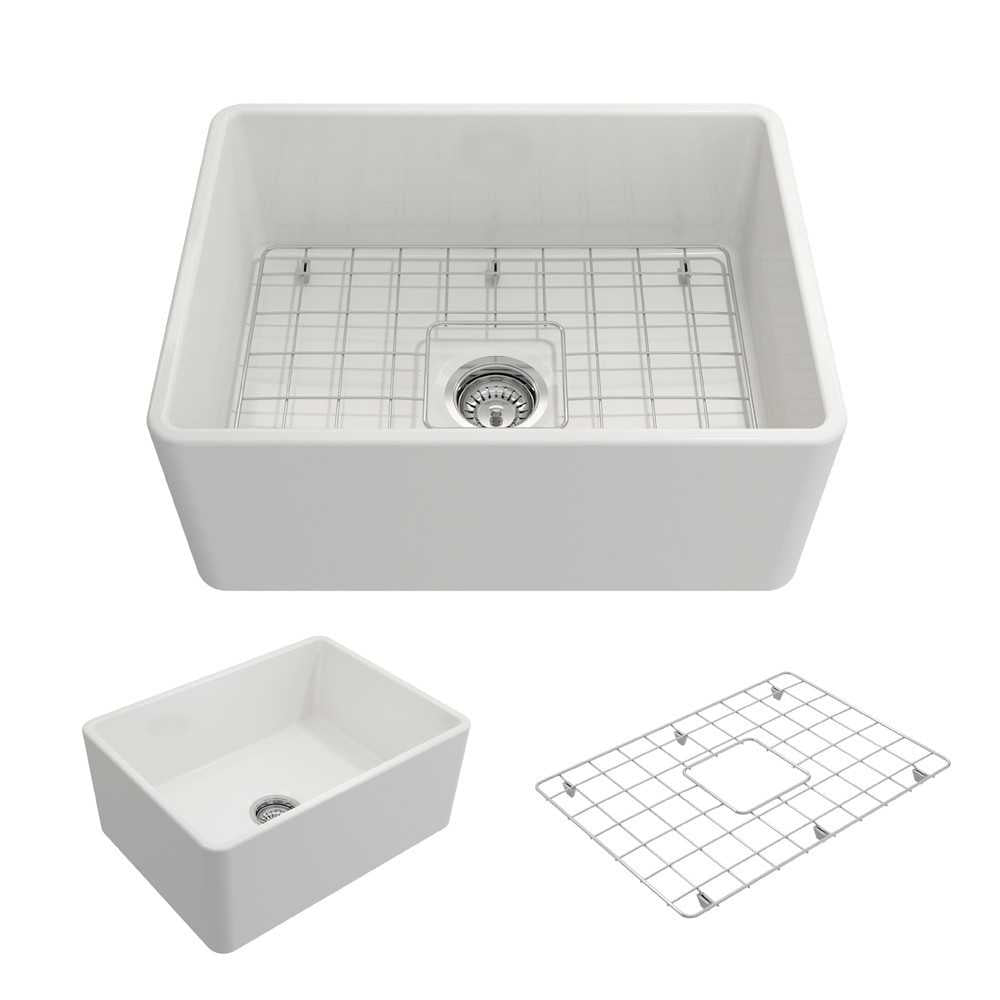 Farmhouse Apron Front Fireclay 24 in. Single Bowl Kitchen Sink with Protective Bottom Grid and Strainer in White