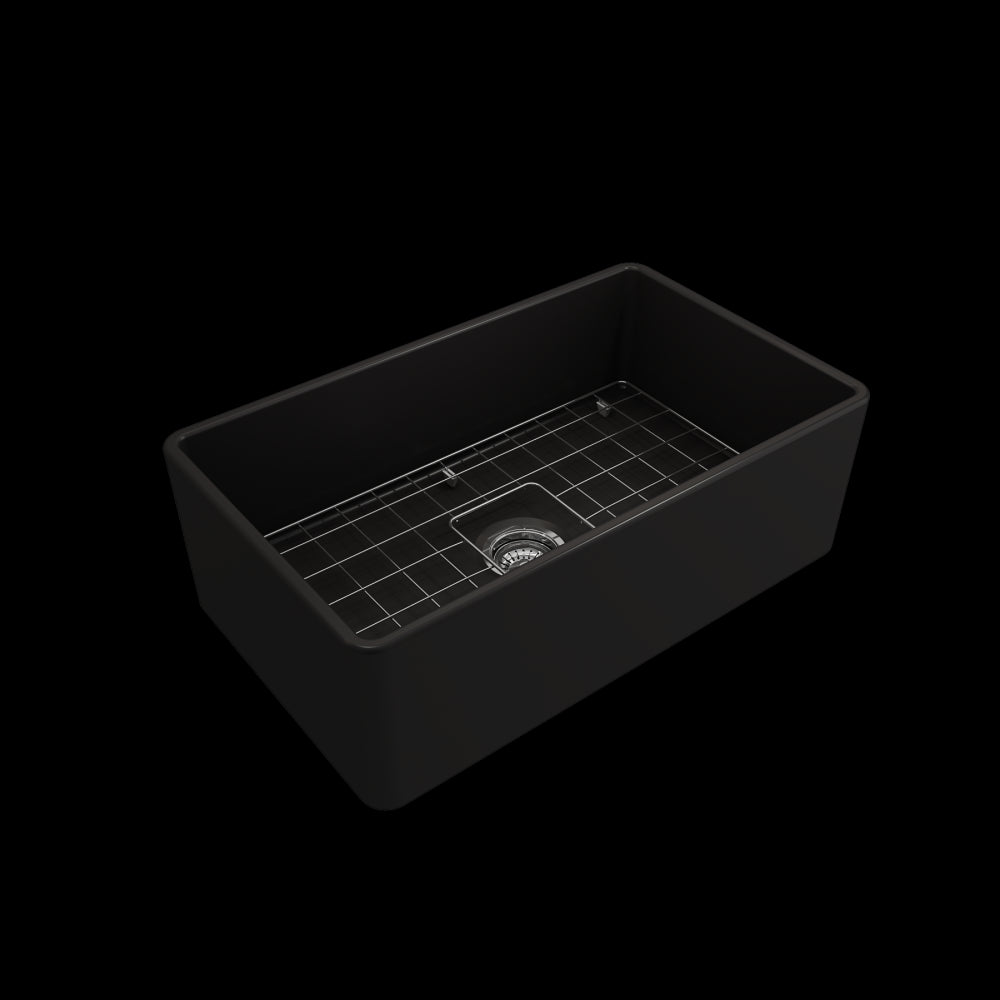 Farmhouse Apron Front Fireclay 30 in. Single Bowl Kitchen Sink with Protective Bottom Grid and Strainer in Matte Black