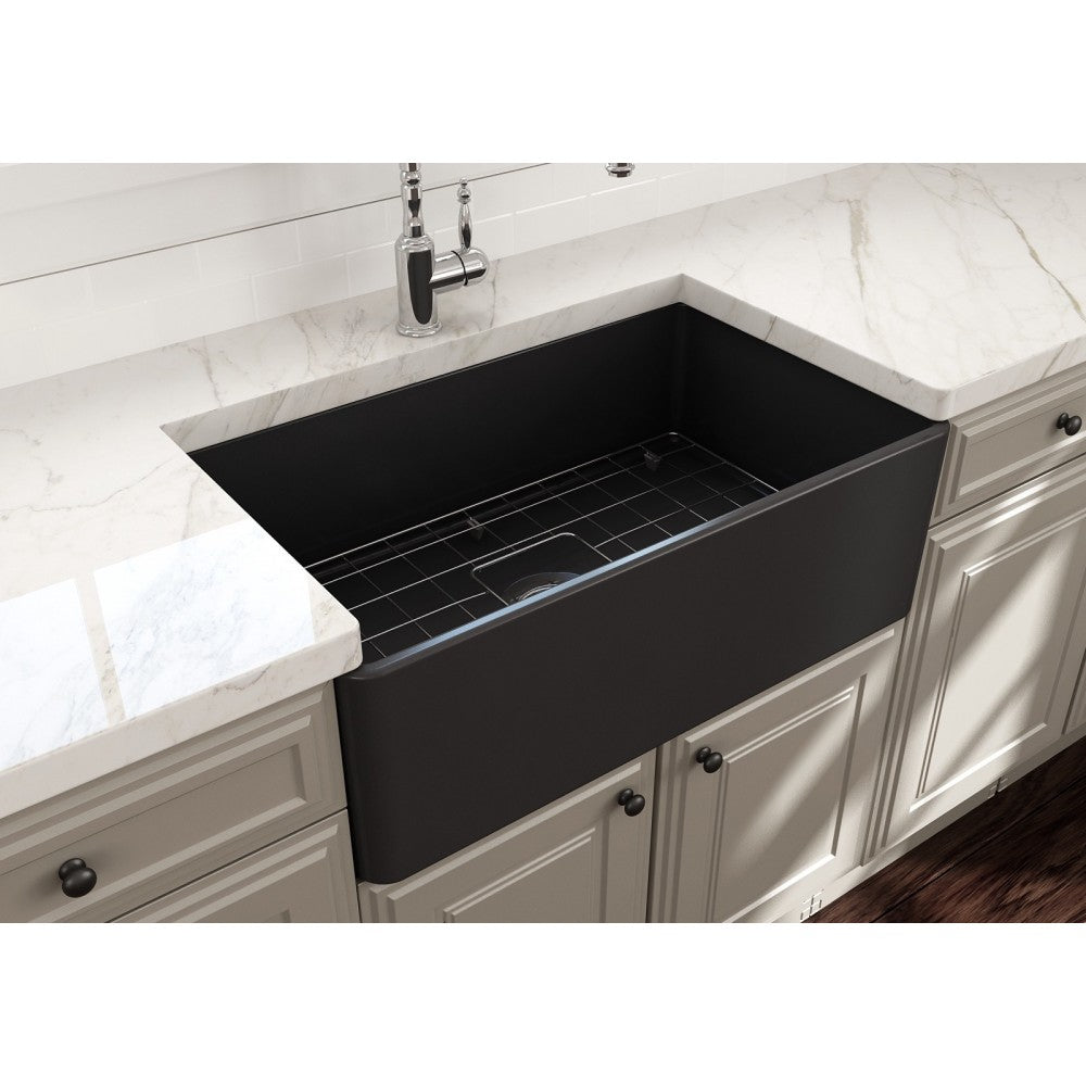 Farmhouse Apron Front Fireclay 30 in. Single Bowl Kitchen Sink with Protective Bottom Grid and Strainer in Matte Dark Gray