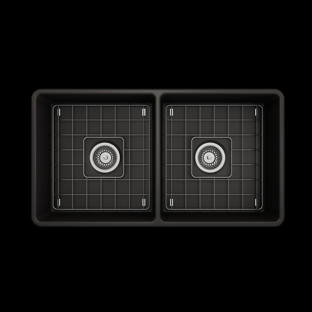 Farmhouse Apron Front Fireclay 33 in. Double Bowl Kitchen Sink with Protective Bottom Grids and Strainers in Matte Black