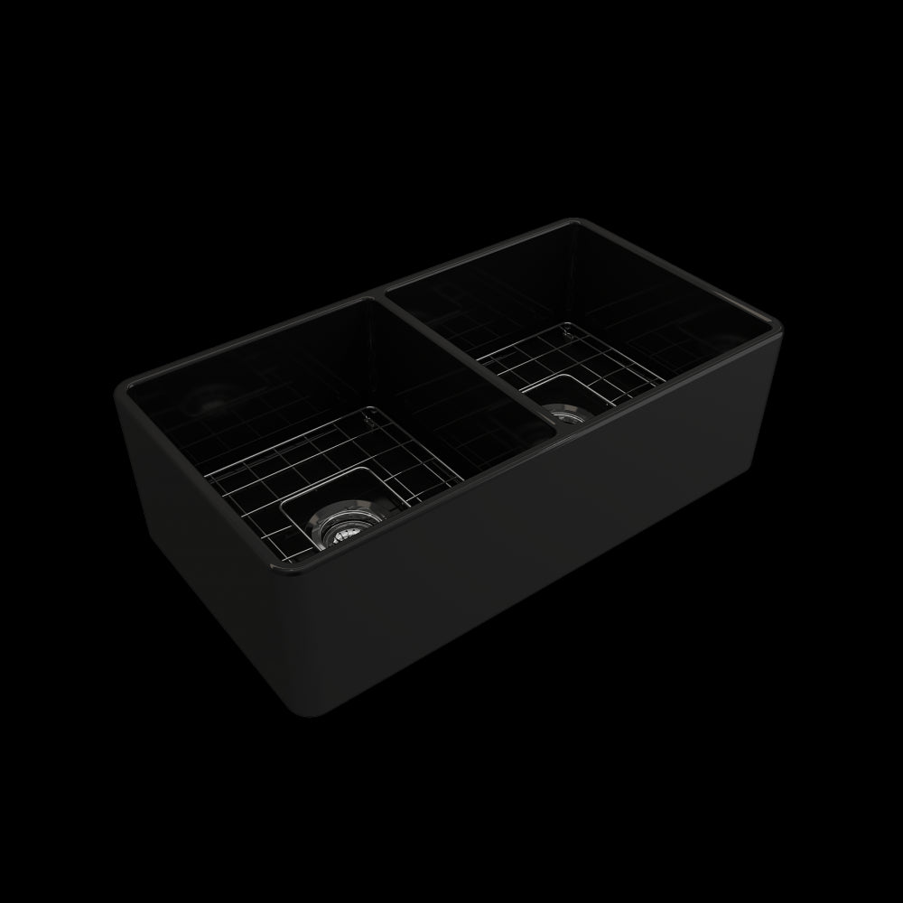 Farmhouse Apron Front Fireclay 33 in. Double Bowl Kitchen Sink with Protective Bottom Grids and Strainers in Matte Black