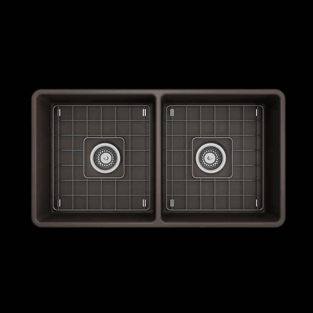 Farmhouse Apron Front Fireclay 33 in. Double Bowl Kitchen Sink with Protective Bottom Grids and Strainers in Matte Brown