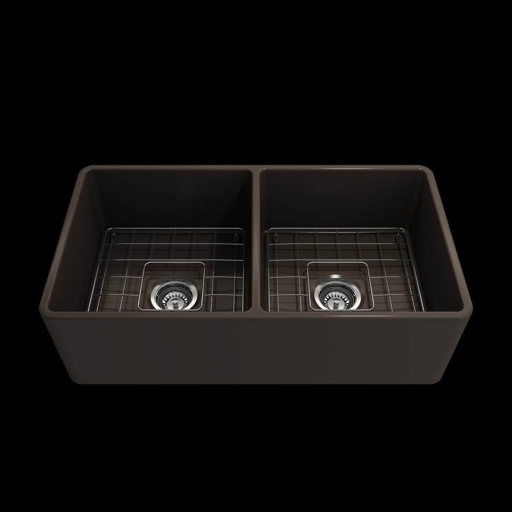 Farmhouse Apron Front Fireclay 33 in. Double Bowl Kitchen Sink with Protective Bottom Grids and Strainers in Matte Brown