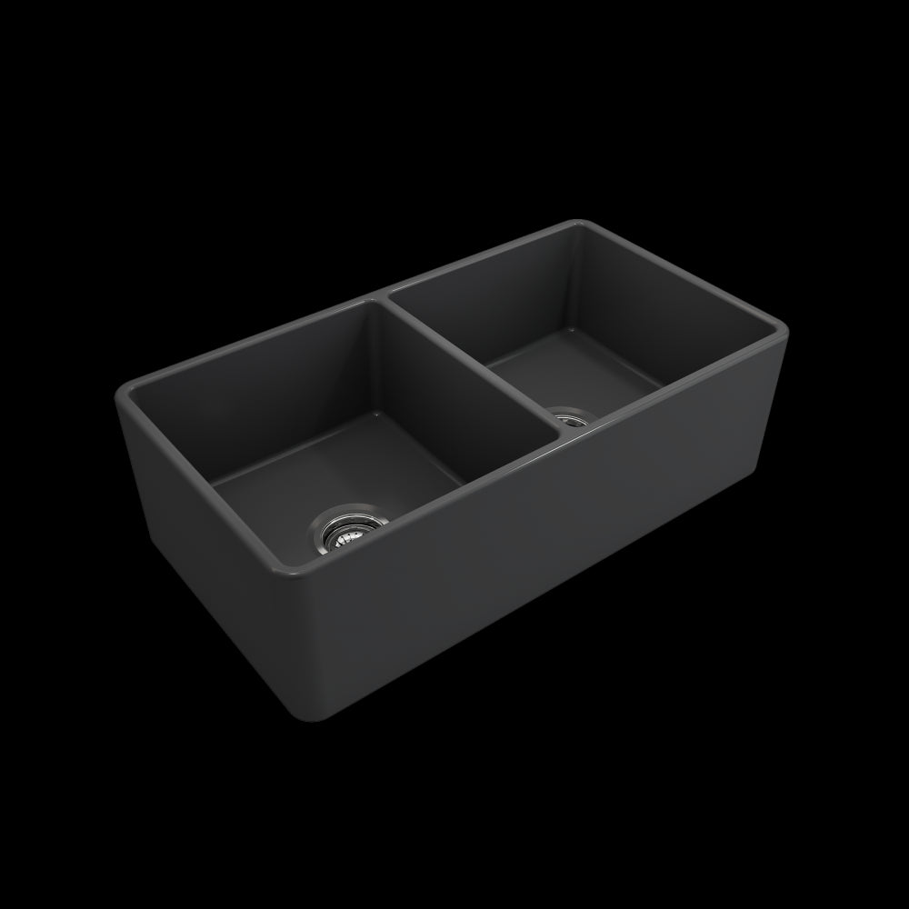 Farmhouse Apron Front Fireclay 33 in. Double Bowl Kitchen Sink with Protective Bottom Grids and Strainers in Matte Dark Gray