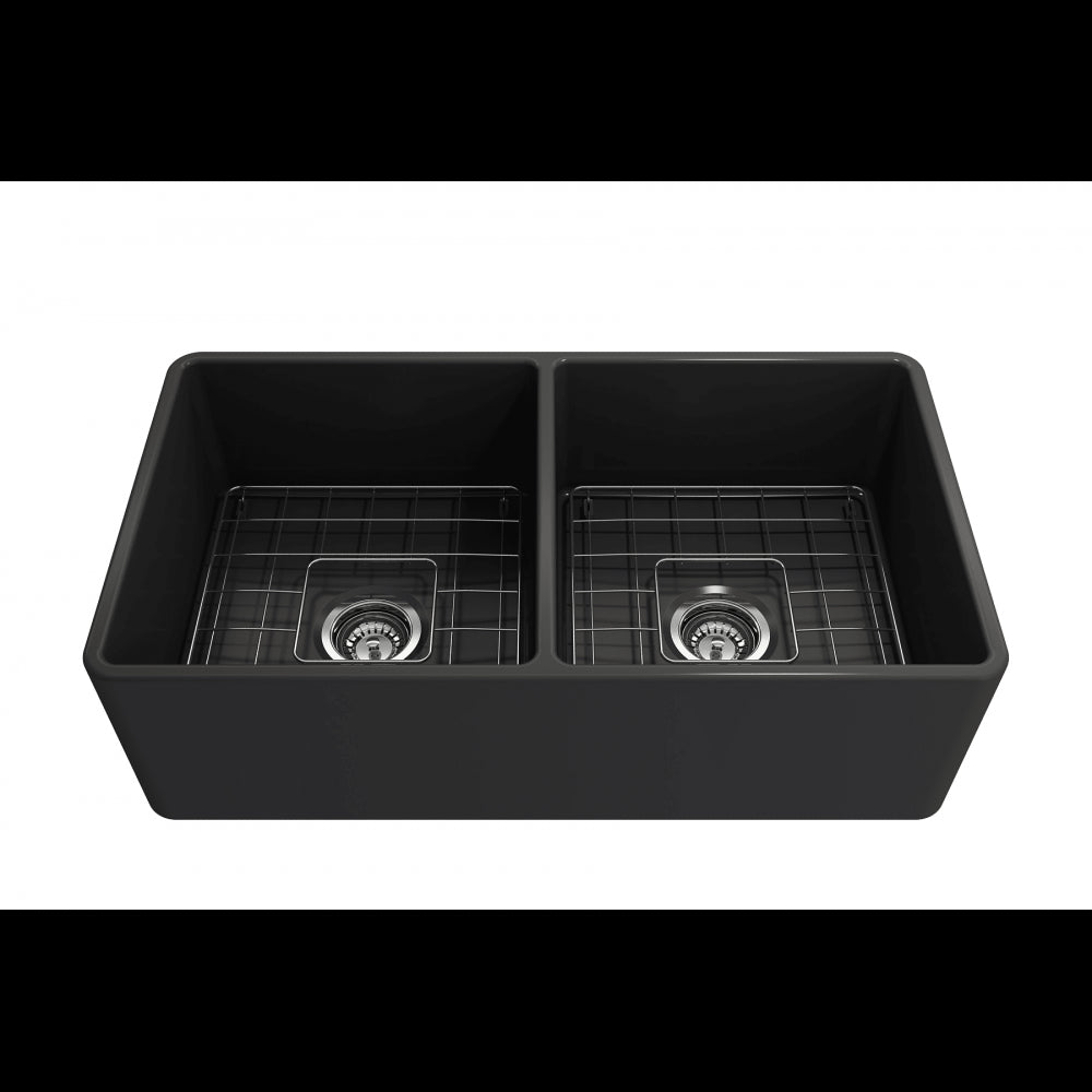 Farmhouse Apron Front Fireclay 33 in. Double Bowl Kitchen Sink with Protective Bottom Grids and Strainers in Matte Dark Gray